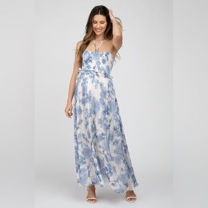 Pinkblush Blue Floral Halter Neck Tie Maternity Maxi Dress